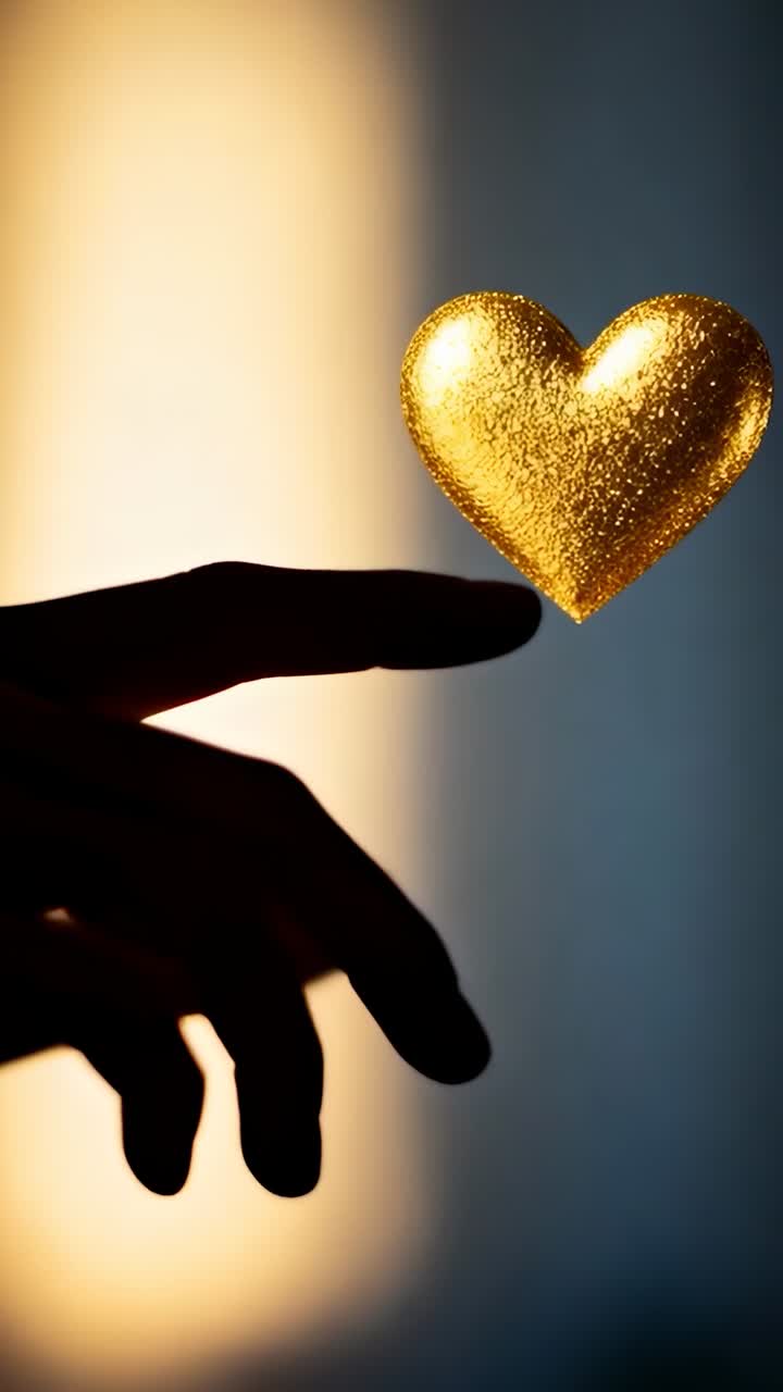 Vídeo vertical: mano a contraluz que se alza extendiendo la yema del dedo para tocar un corazón de purpurina dorada en un estudio