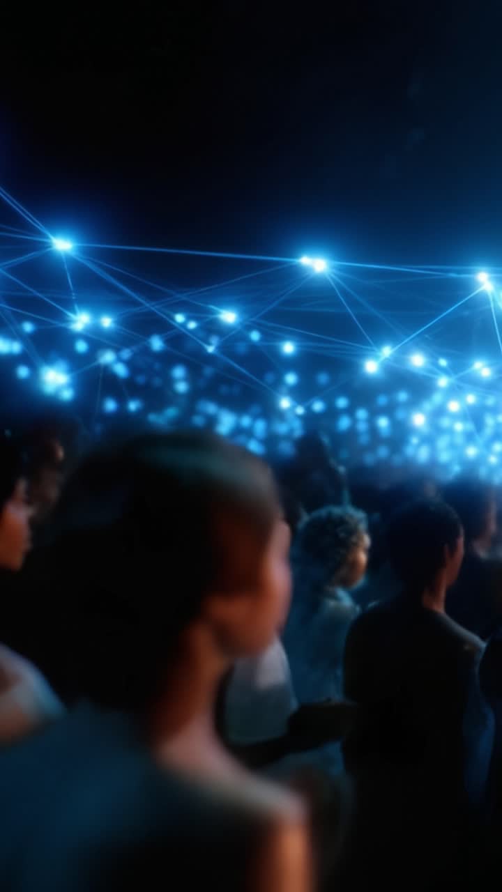 Un'affascinante esposizione di vivaci giochi di luce illumina una folla, creando un'atmosfera eterea dove stupore e connessione prendono vita in una sbalorditiva armonia visiva