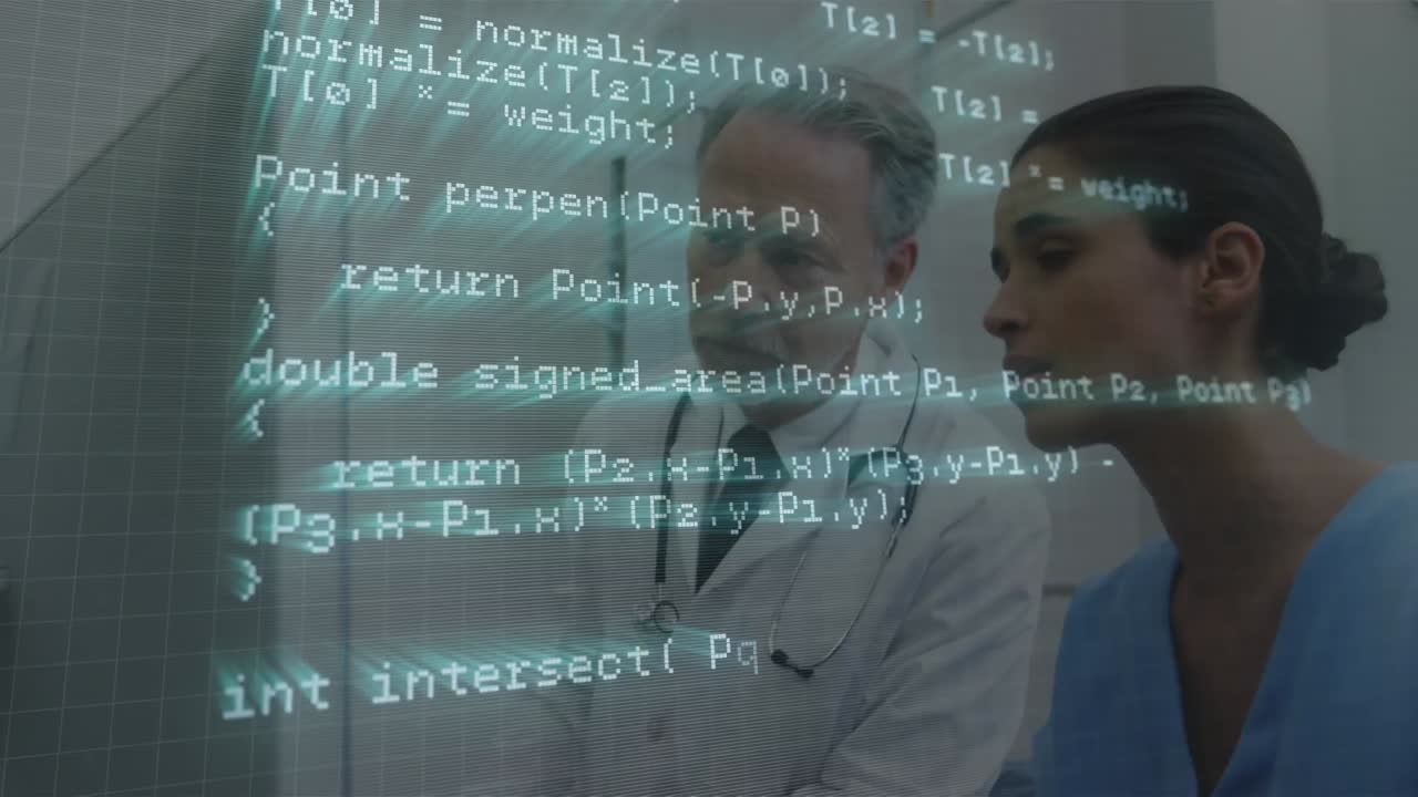 Computer programming language in loop over caucasian doctors discussing reports on computer