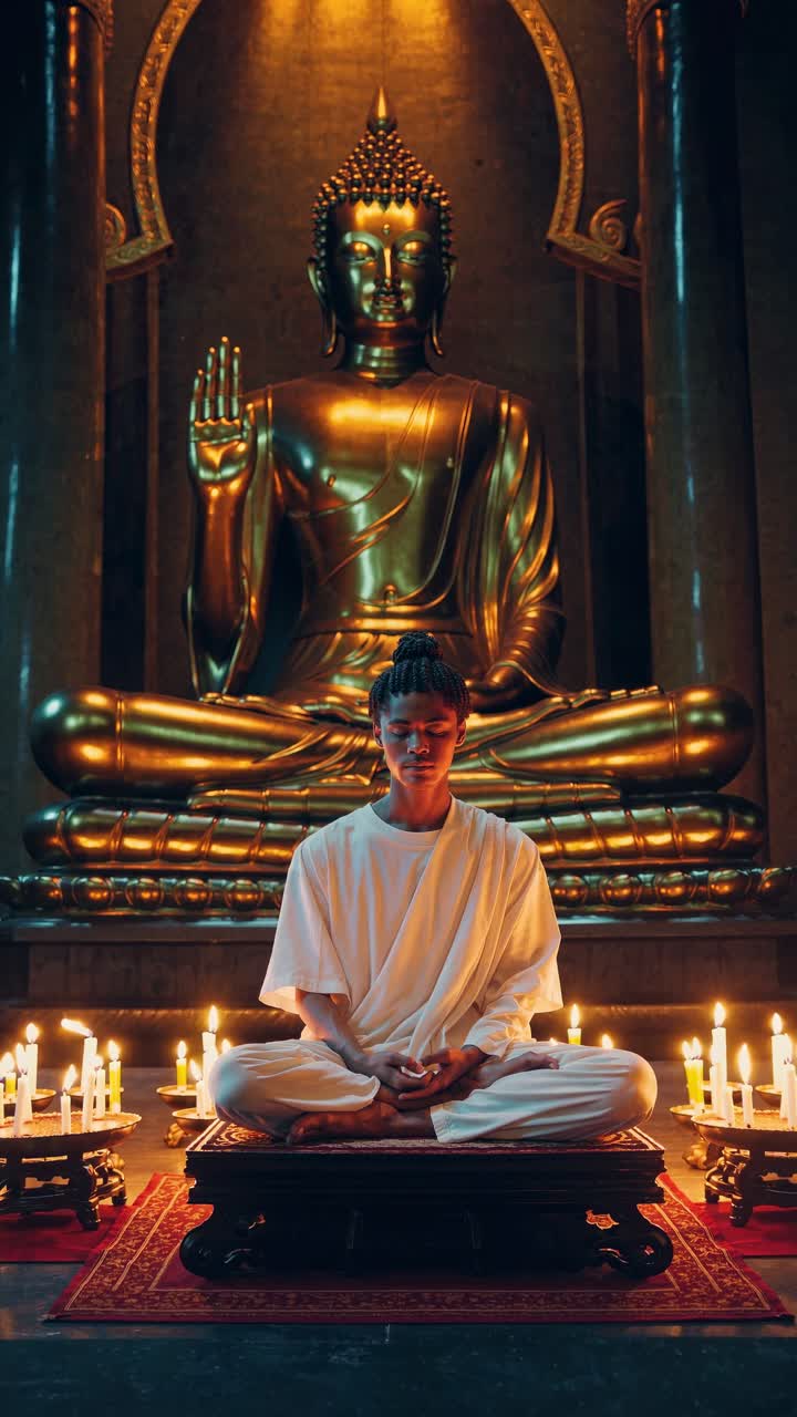 Male practicing meditation in lotus pose near massive golden Buddha, surrounded by glowing candles, embodying tranquil spiritual environment within traditional temple setting
