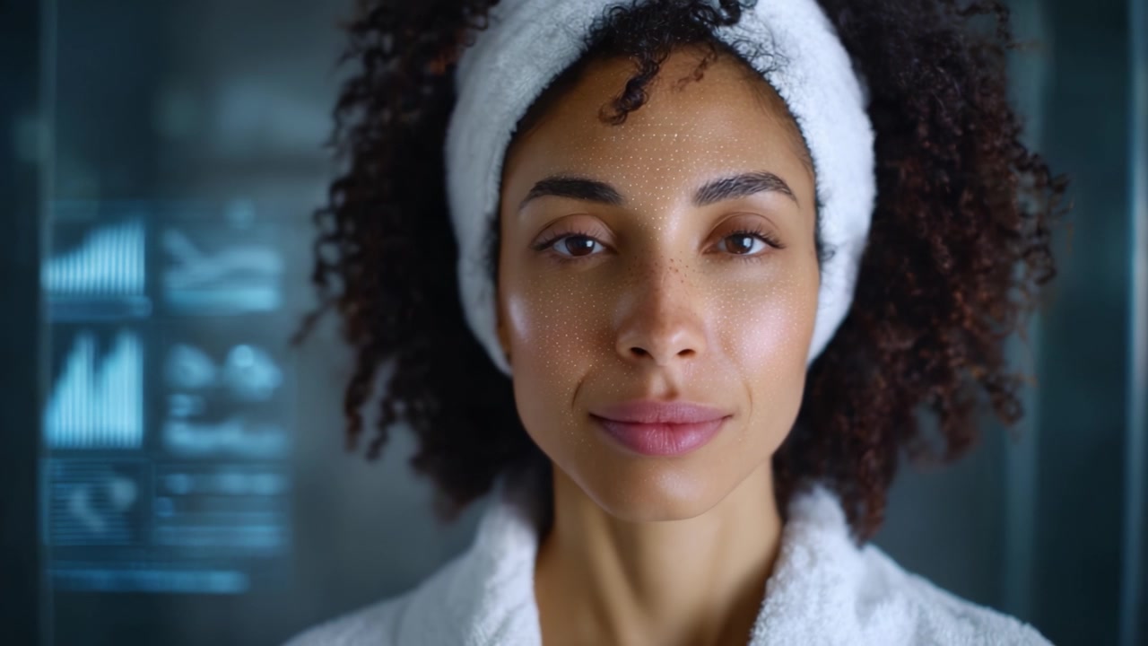 Primo piano di una donna con capelli ricci, che indossa un accappatoio e una fascia per capelli, con un'espressione serena su uno sfondo di analisi di interfaccia digitale.