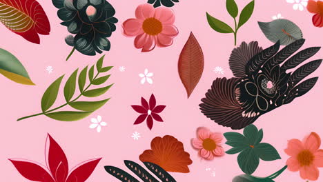 colorful floral patterns animation with various leaves and flowers on pink background