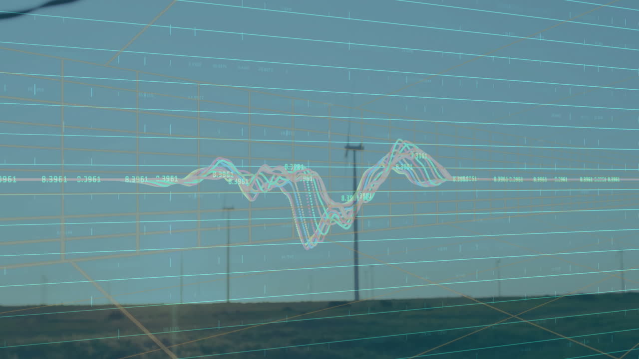 Animated flat wind turbines rising across grassy plain, showcasing waveform data grid overlay