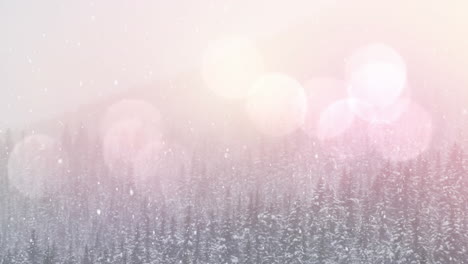 animation of snow falling and glowing spots of light over fir trees in winter scenery