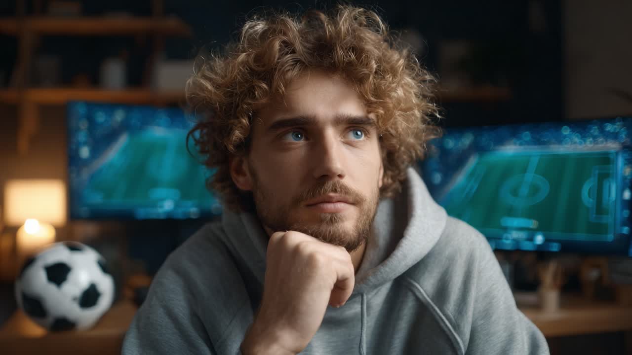 Contemplative Young Man in a Cozy Gaming Space, Engaged in Strategic Thinking about Soccer, Surrounded by Digital Soccer Fields on Dual Monitors