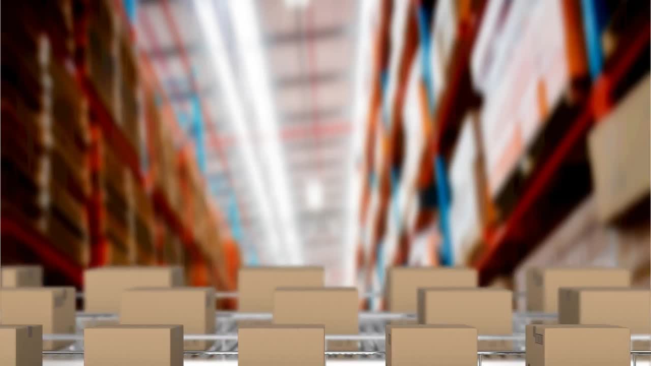 animación de cajas de cartón que se mueven en cintas transportadoras sobre el almacén
