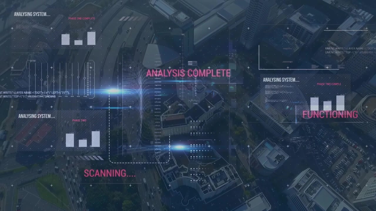 Animation of data processing over cityscape