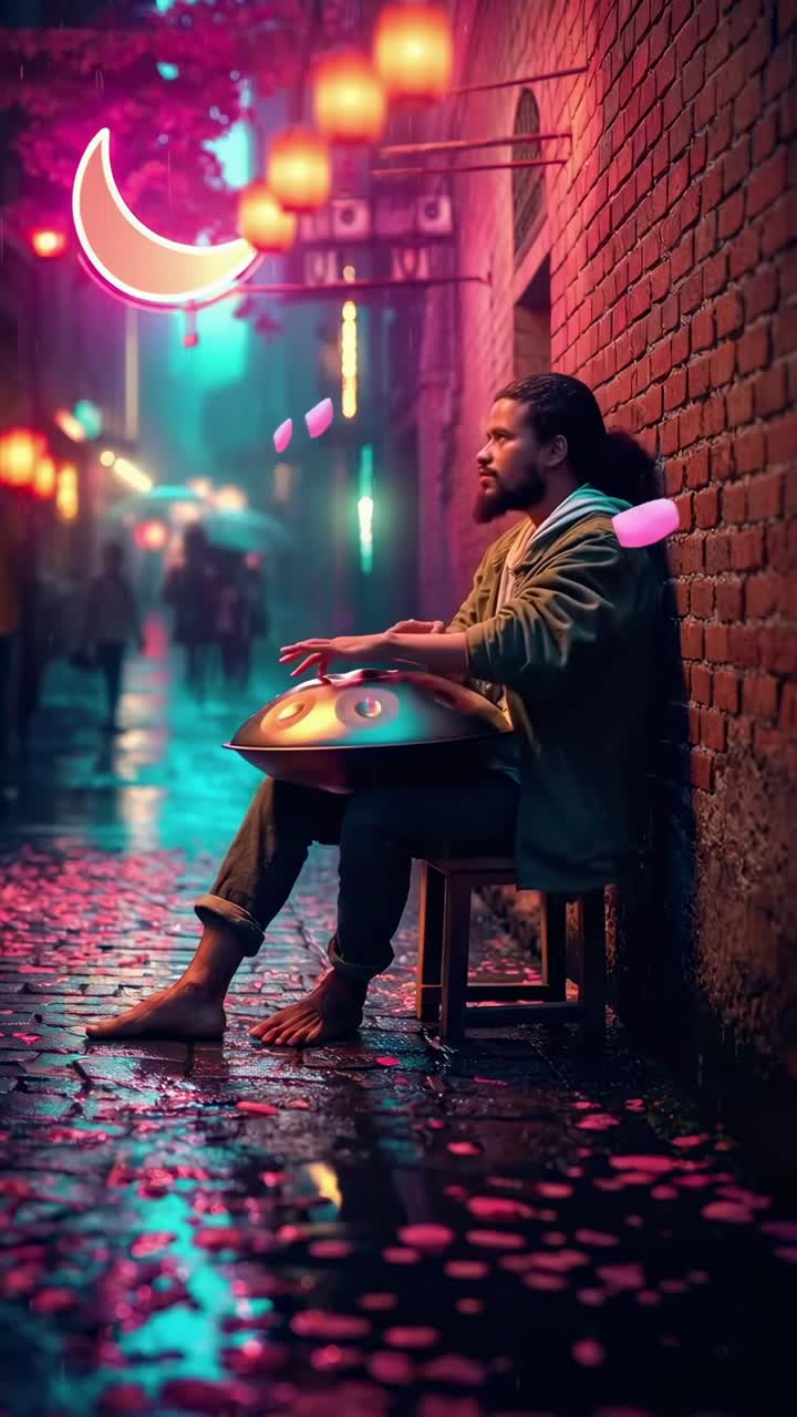 Musicista di strada che suona l'handpan in un vicolo illuminato al neon, ripreso da un angolo laterale, stile video