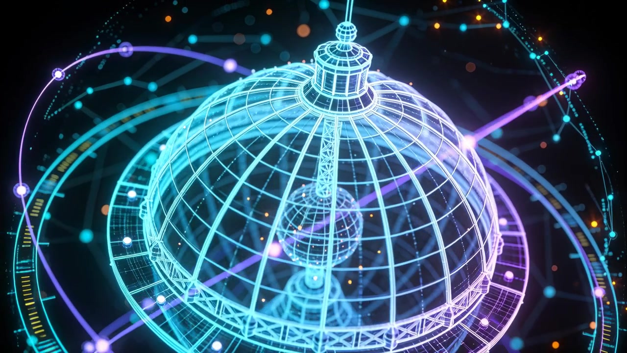 Start rotating wireframe dome in void showing inner sphere and orbiting purple nodes for data view