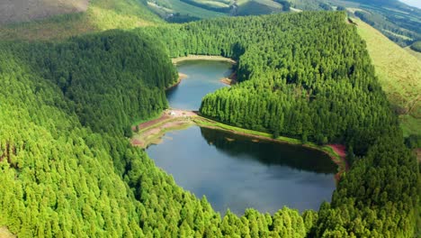 Cinematic-aerial-drone-shot-of-volcanic-lake-in-the-Azores-Islands---Portugal