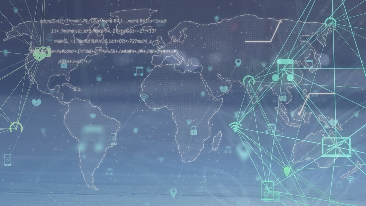 디지털 아이콘의 세계, 데이터 처리 및 파란색 배경에 대한 세계 지도의 애니메이션