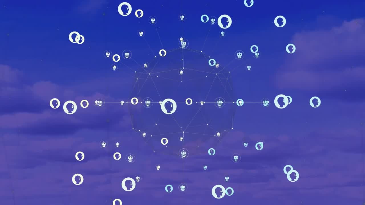 Animazione di un mappamondo di icone di profilo AI che ruota su nuvole nel cielo blu.