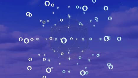 Animation-of-globe-of-ai-profile-icons-spinning-against-clouds-in-the-blue-sky