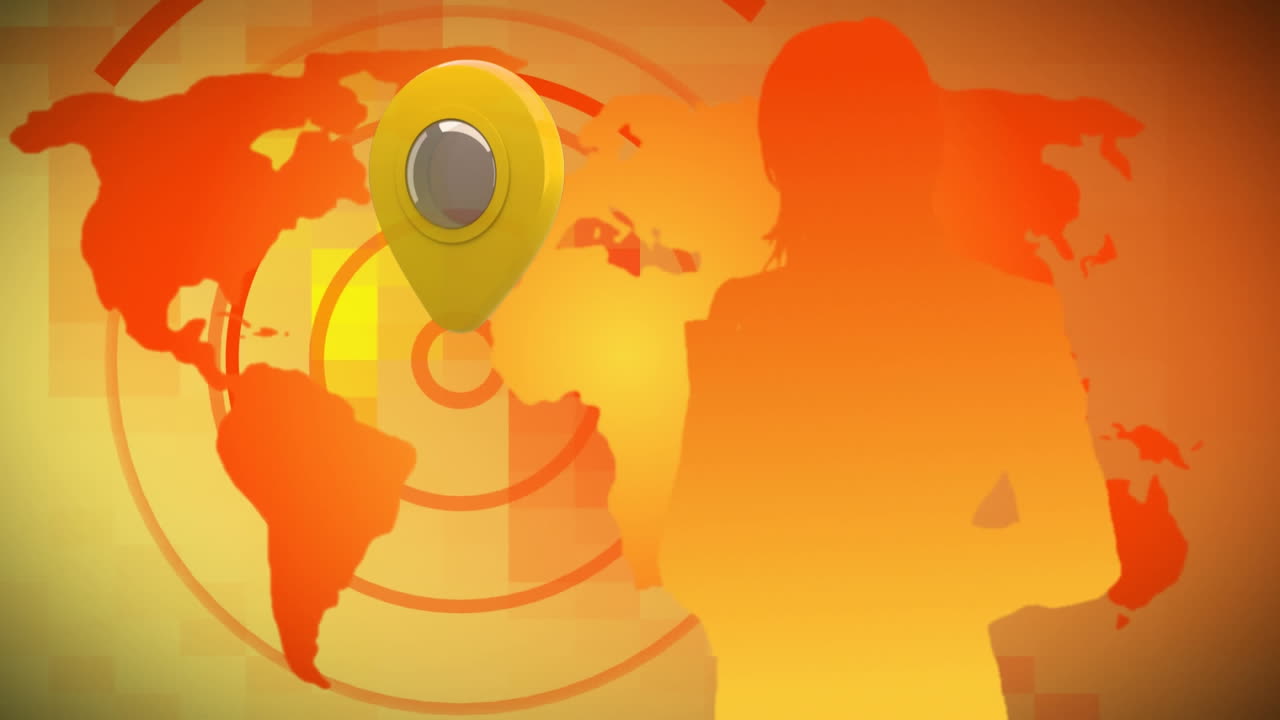 marcador en el mapa del mundo contra la silueta de una mujer
