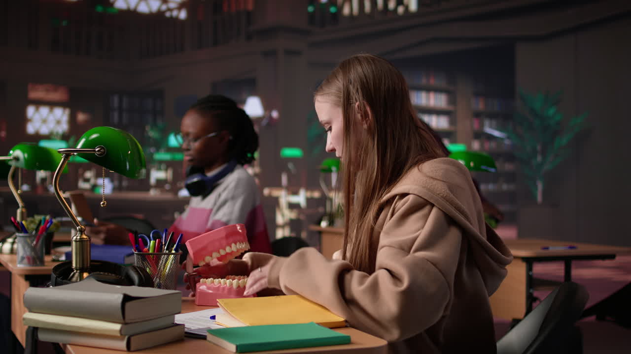 Vertical video african american future dentist examines a plastic model of human teeth