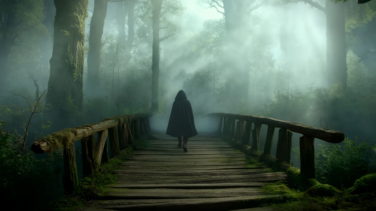 Hooded Figure Walks Across a Misty Wooden Bridge in an Enchanted Forest