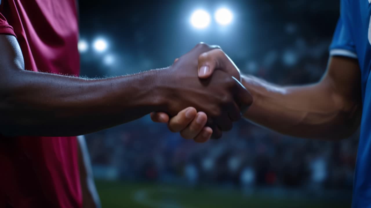 Two athletes shake hands on a glowing field. Crowds cheer under bright stadium lights. Players show mutual respect after a match. Ideal for sportsmanship or rivalry themes
