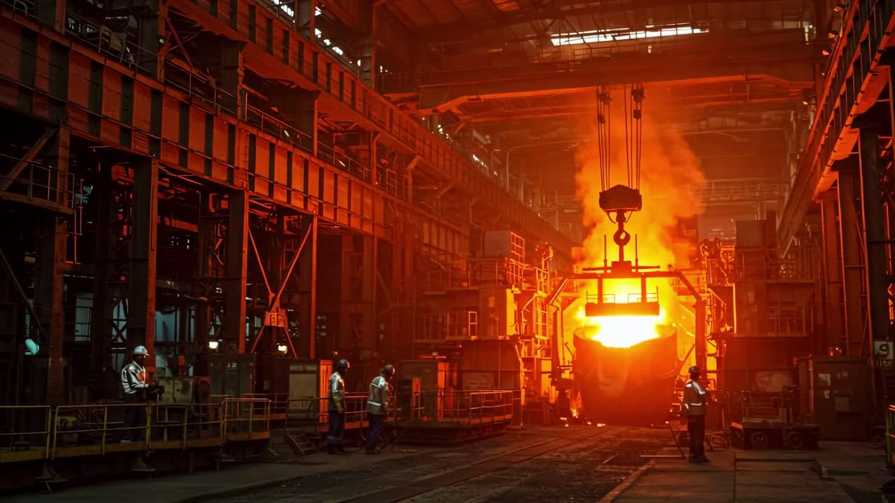 During the evening shift, dedicated workers meticulously manage and handle molten metal within a large industrial facility