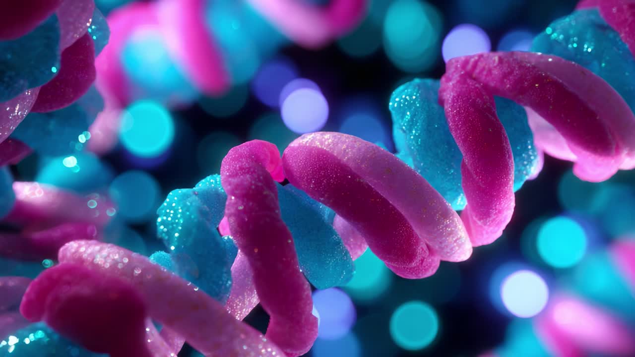 A vibrant display of spiraling strands, showcasing a blend of pink and blue textures, intertwined amidst a backdrop of shimmering bokeh lights, casting a mesmerizing visual appeal