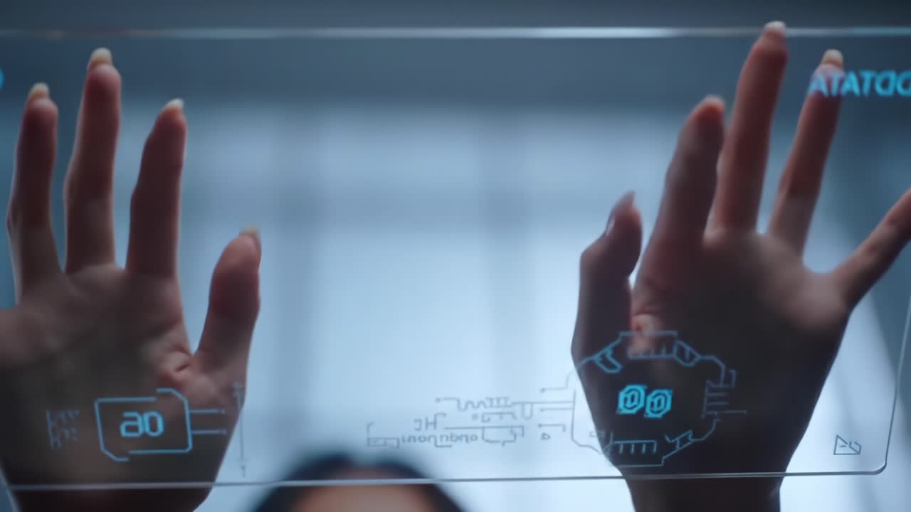 Exploring Digital Interfaces: A Close-Up of Hands Interacting with a Transparent Touchscreen Display in a Modern Tech Environment