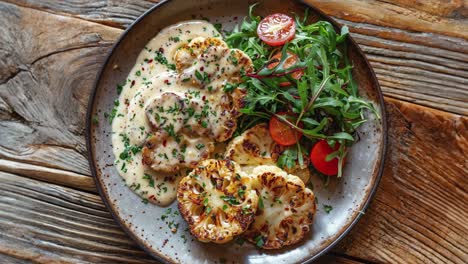 cauliflower steak with pepper sauce on wooden table