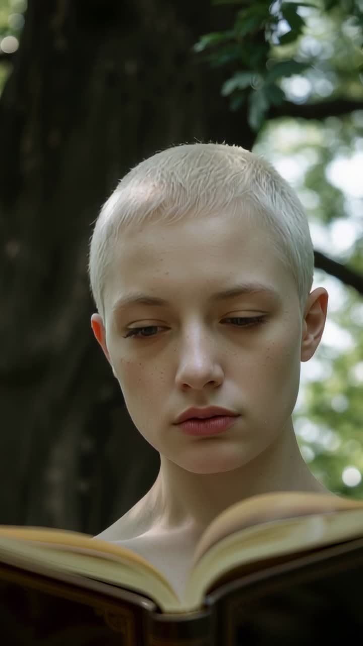 Video verticale: un'adolescente che legge alza lo sguardo dal libro al tronco di un albero osservando la luce nel parco, senza spalline