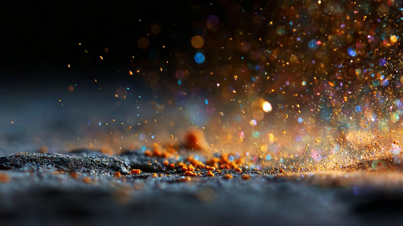 A mesmerizing display of vibrant particles suspended in the air, showcasing a stunning spectrum of colors and light as they scatter over a textured surface, creating an enchanting visual spectacle