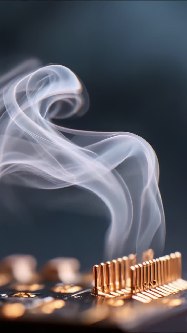 Primo piano accattivante di un fumo sottile che si alza da un circuito stampato con pin dorati che riflettono la luce, creando un'atmosfera enigmatica e intrigante