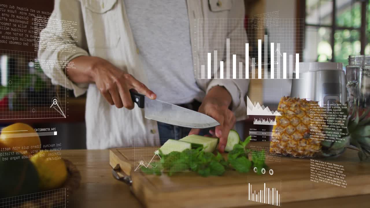 Home cook placing cucumber and slicing cucumber while evolving food tech charts tracking prep