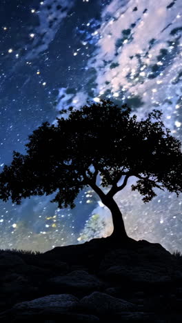 a tree is silhouetted against a dark sky with many stars. concept of calm and serenity, as the tree stands alone in the vastness of the night sky. the stars twinkle above