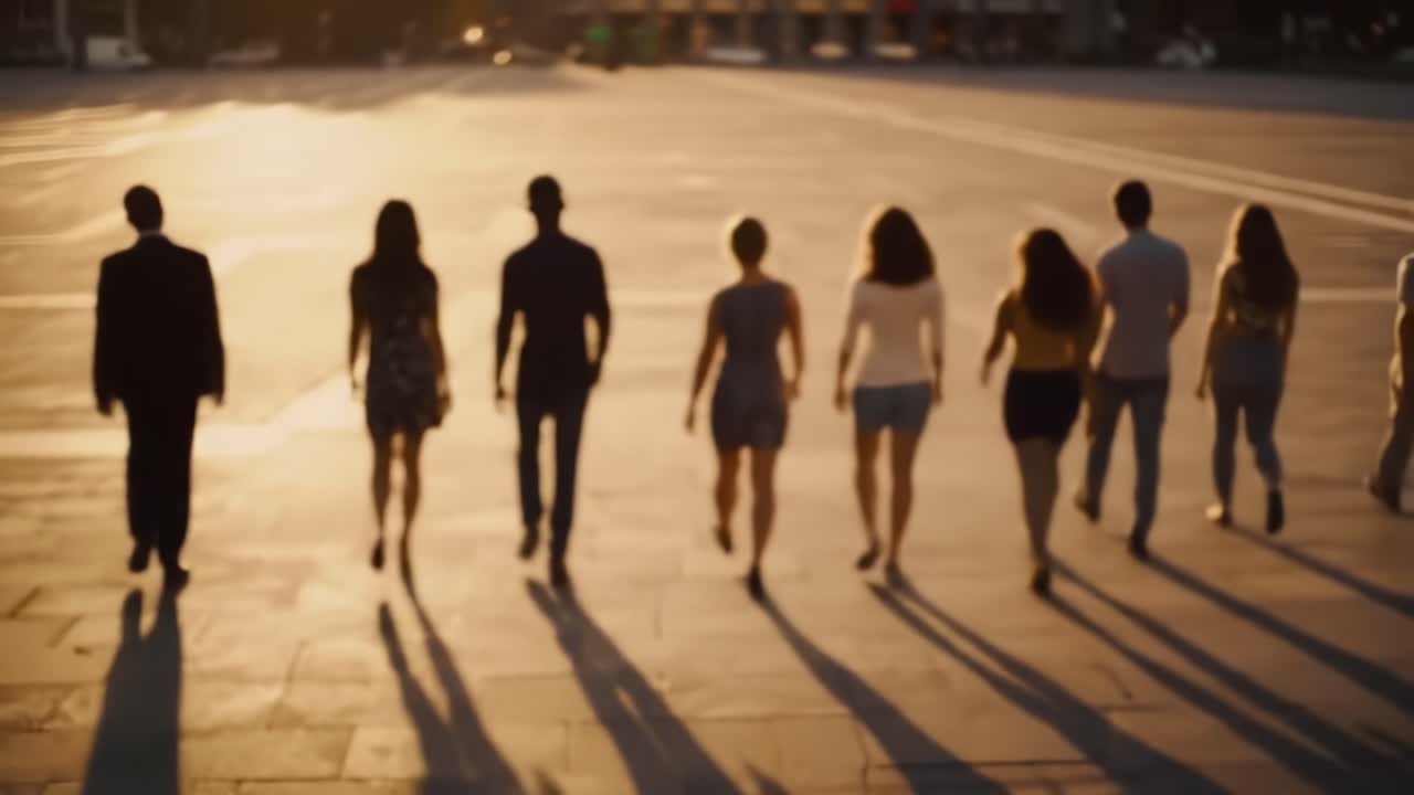 A Dynamic Group of Individuals Walking Together Toward the Horizon, Bathed in Warm Sunset Light, Signifying Unity and Progress on a City Street