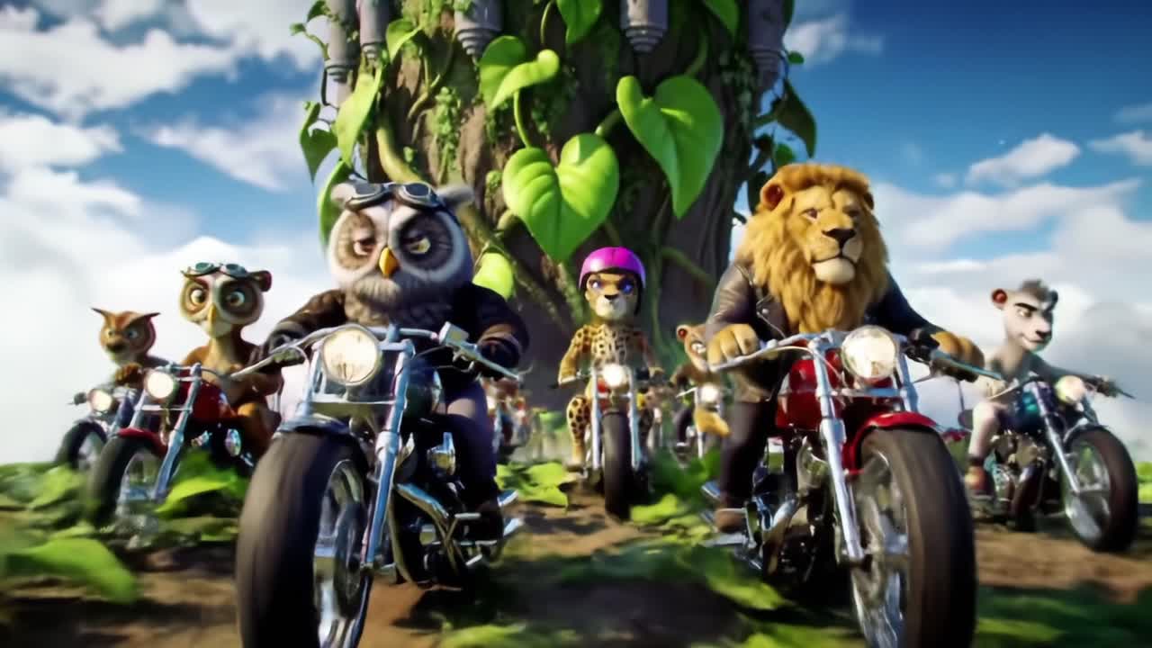A Wild Adventure: Animated Animals on Motorcycles Riding Toward a Mysterious Castle Surrounded by Lush Greenery in a Vibrant Cartoon World