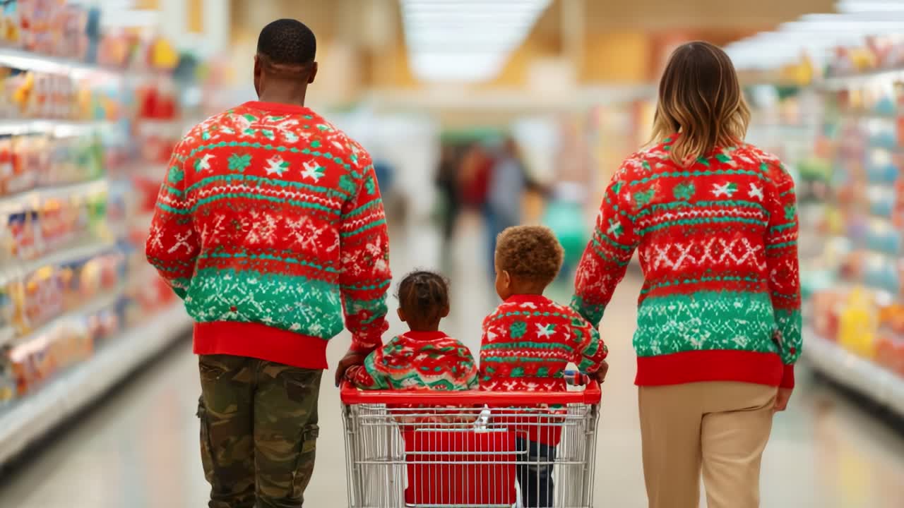A Cozy Family Shopping Together in Holiday Sweaters, Enjoying Quality Time in the Aisles of a Grocery Store Surrounded by Festive Treats and Decorations