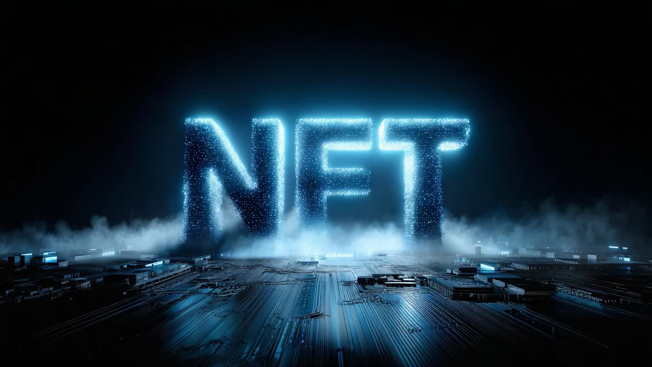 Concetto NFT illuminato: un futuro digitale brillante rappresentato attraverso un'accattivante esposizione di tecnologia moderna e creatività in un ambiente futuristico
