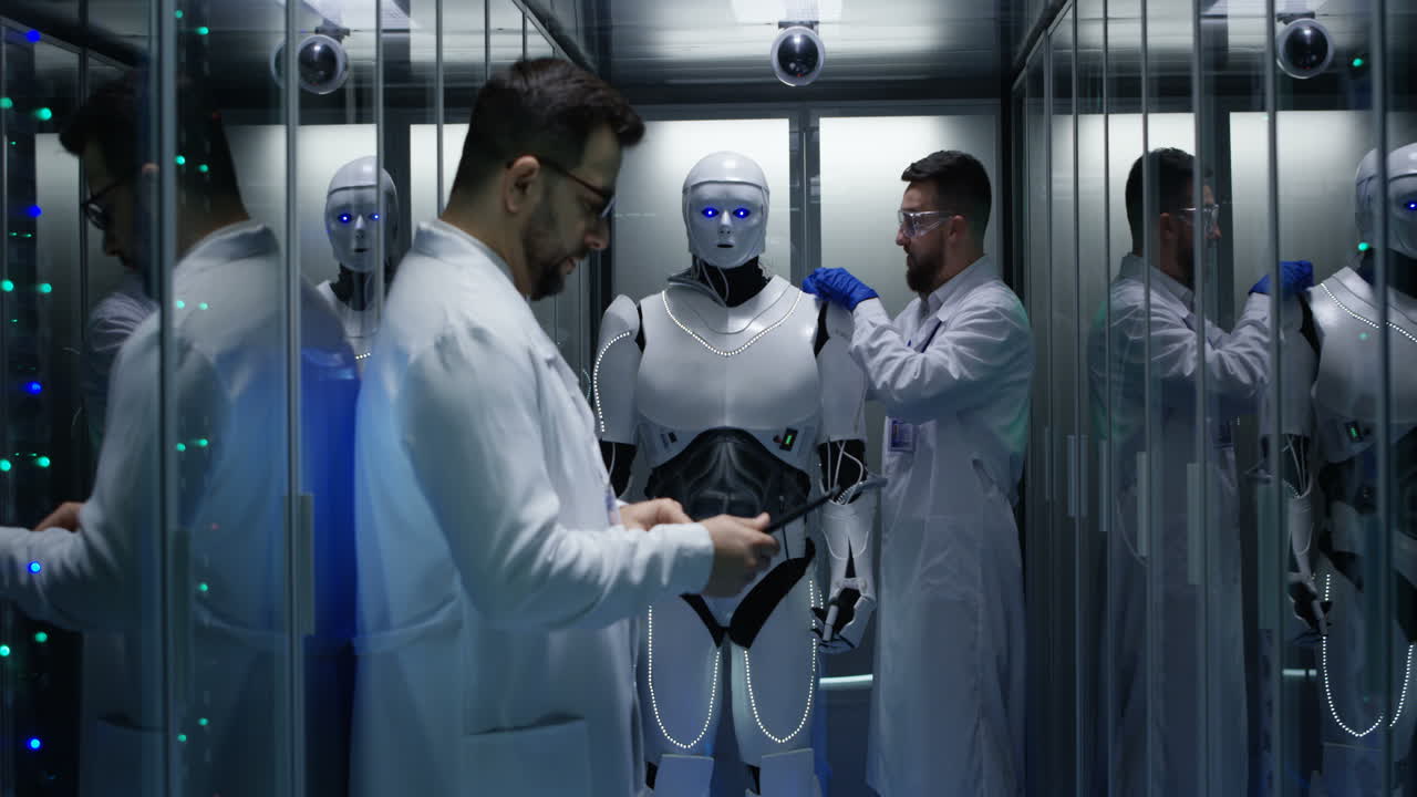 científicos trabajando con un robot en un centro de datos