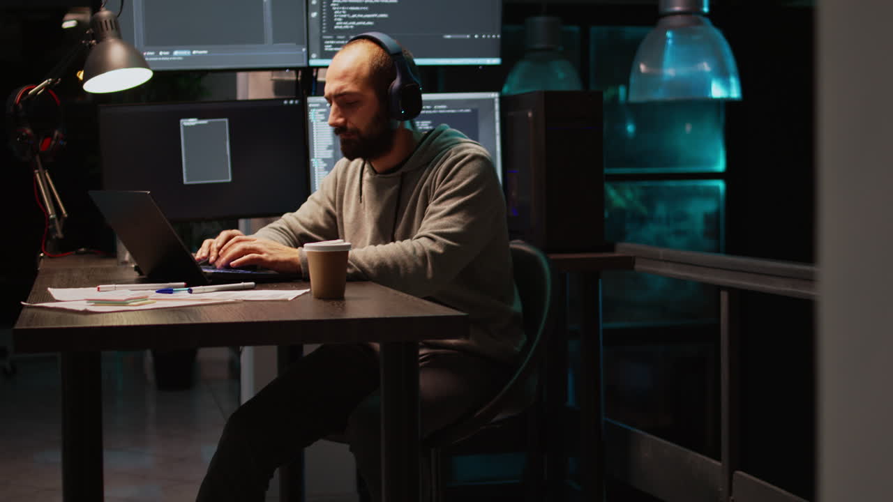 Man working on computer with code