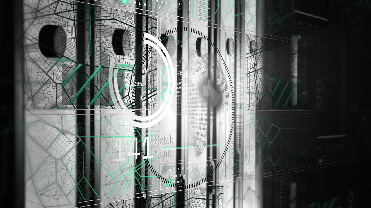 animación de la interfaz con el procesamiento de datos del mercado de valores sobre el globo giratorio contra la sala de servidores.