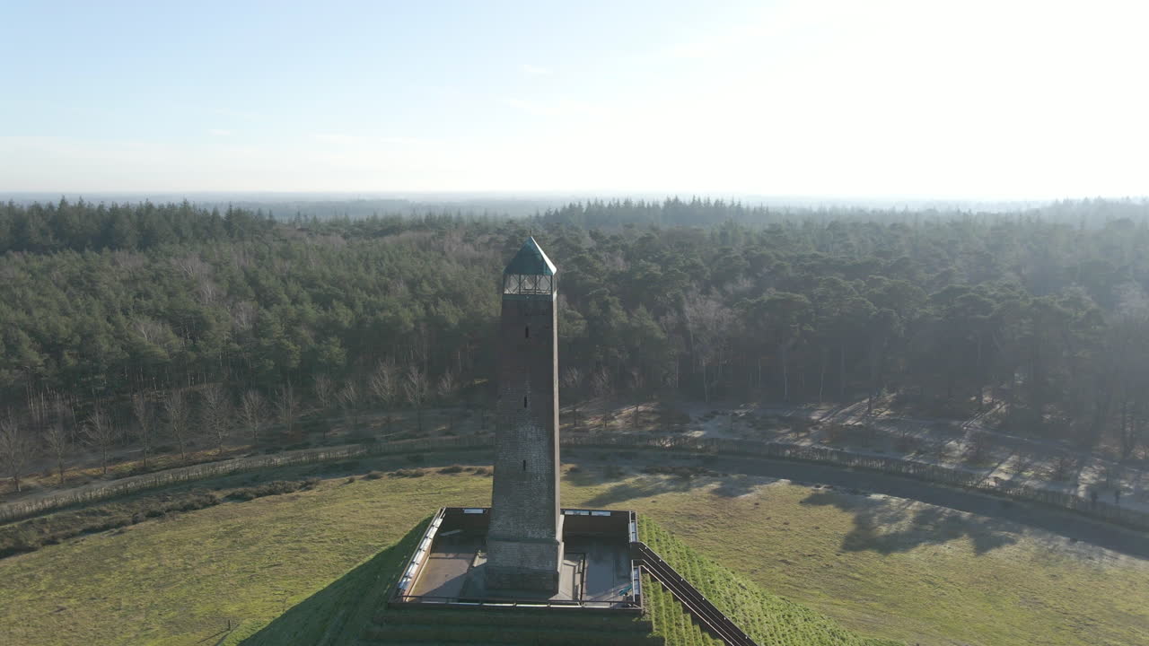 Aerial of obelisk, revealing Austerlitz Pyramid in the Netherlands. The Piramide van Austerlitz is a monument in the Netherlands, built in 1804 as a tribute to Napoleon Bonaparte.