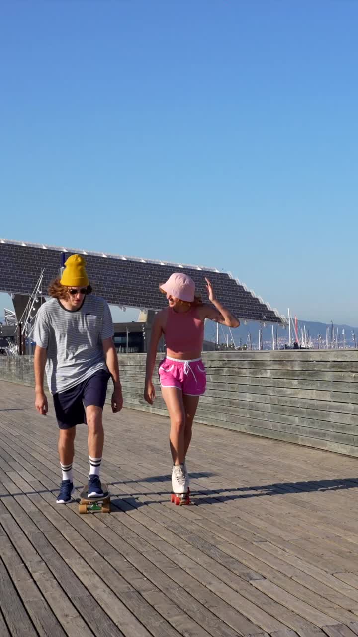 Friends Skateboarding and Roller Skating on a Sunny Day