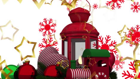 animation of falling red snowflakes and christmas lantern over white background