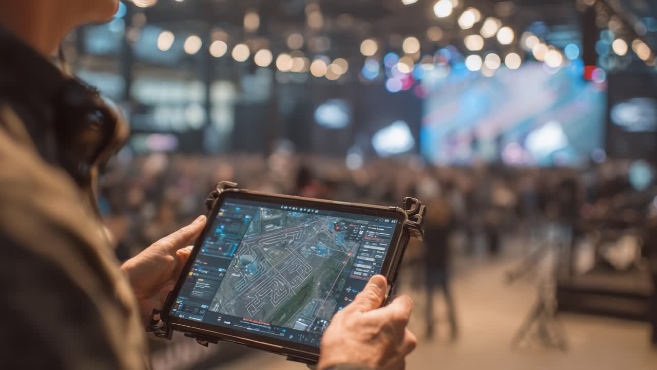 A person holds a tablet displaying a detailed map and interface, amidst a bustling crowd in a modern venue filled with lights and activity, showcasing a blend of technology and event participation