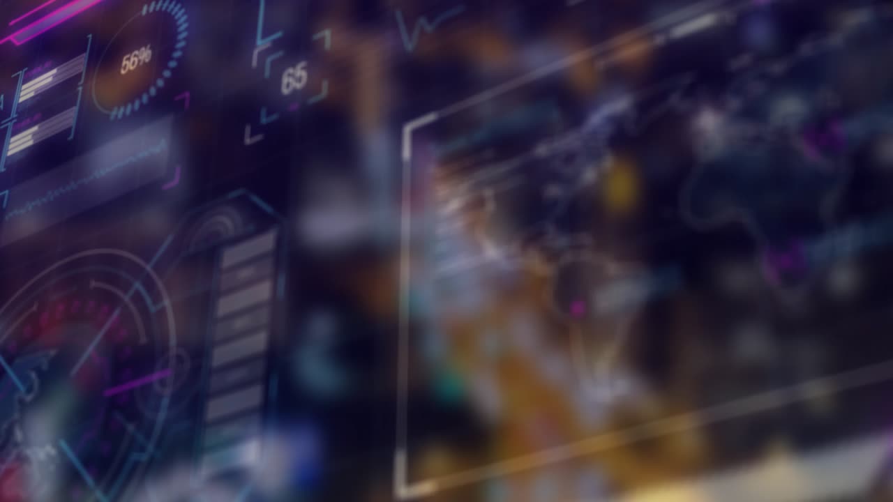 Painel de controle carregando, atualizando progresso de 29% para 78%, animando gráfico radial, escaneando nós para insights.