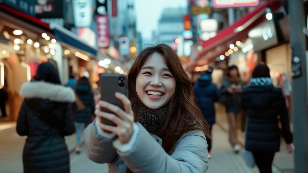A cheerful woman films a video selfie in a bustling street market