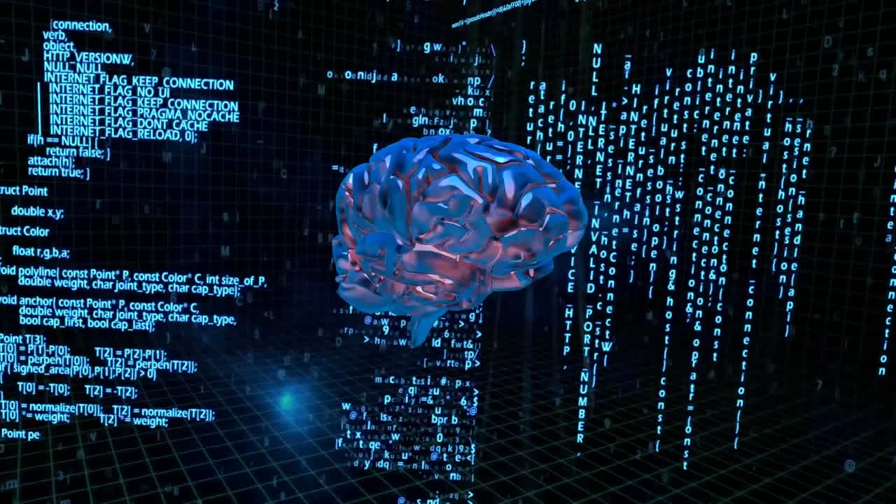 이진 코드에 대항하여 회전하는 뇌의 애니메이션