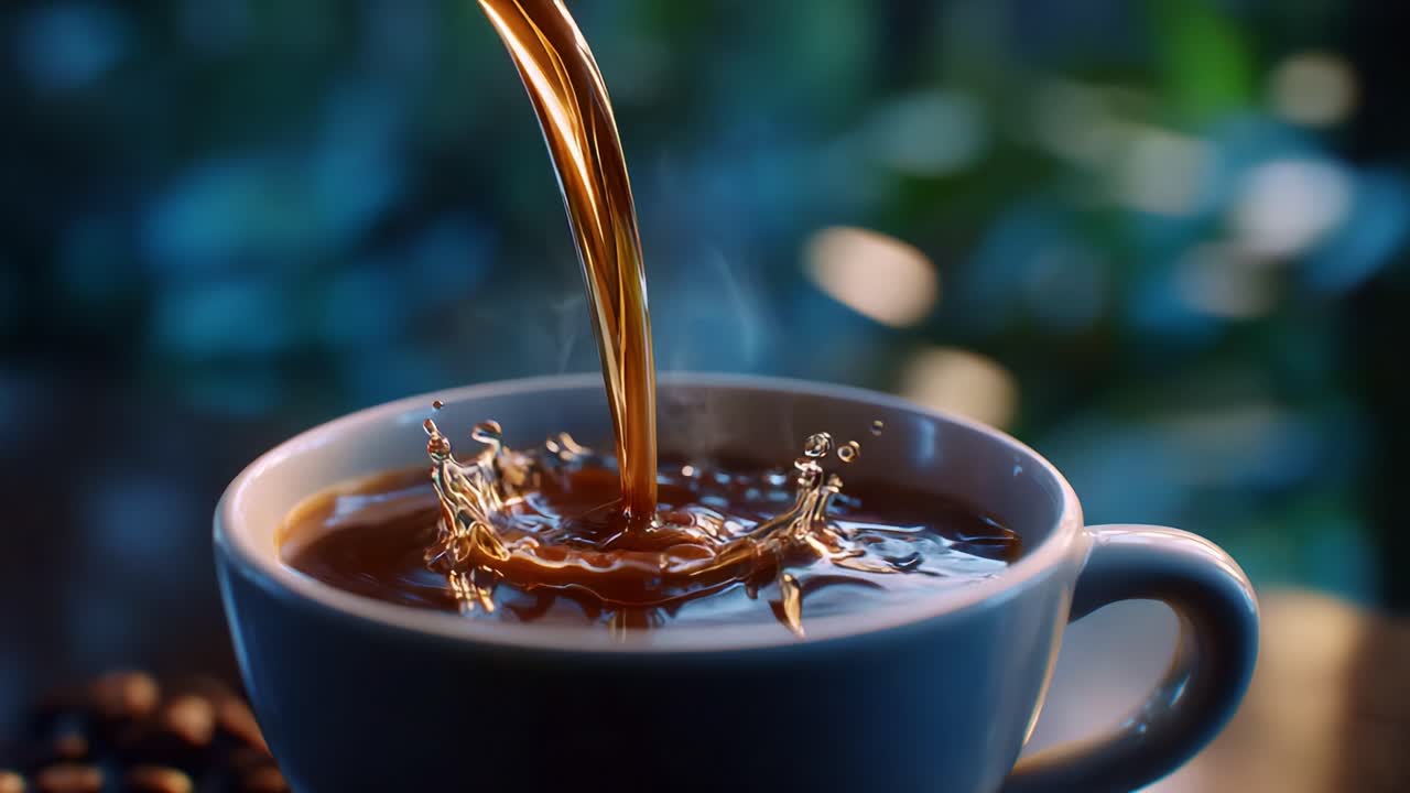 En dampende kop kaffe: Smuk næroptagelse af varmt bryg, der hældes op, med fokus på den rige aroma og indbydende tekstur i en rolig baggrund
