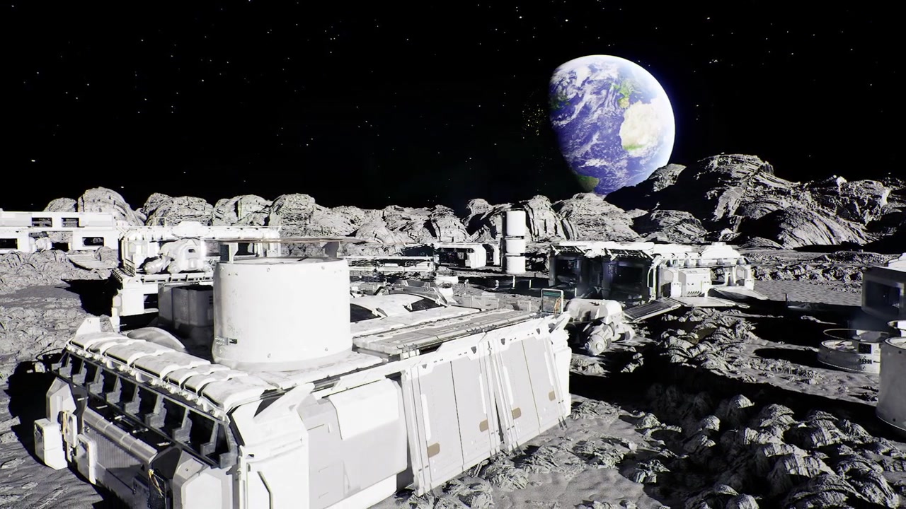 Quiet lunar viewpoint offering panoramic earthrise views and seating zones