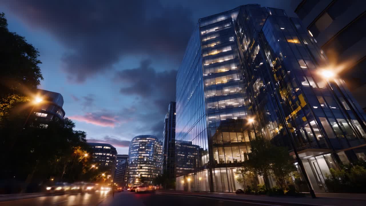 Uma vista noturna fascinante de arranha-céus modernos iluminados por luzes urbanas, exibindo a beleza arquitetônica contra um céu crepuscular com uma paleta de cores vibrante