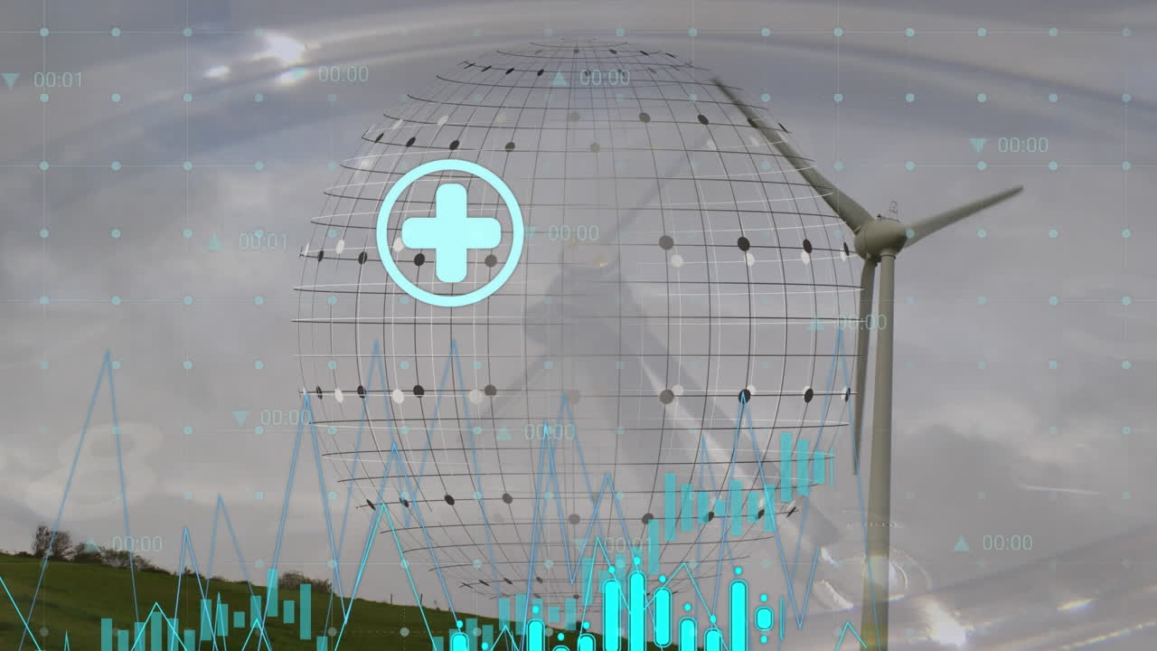 지구와 풍력 터빈에 대한 데이터 처리의 애니메이션