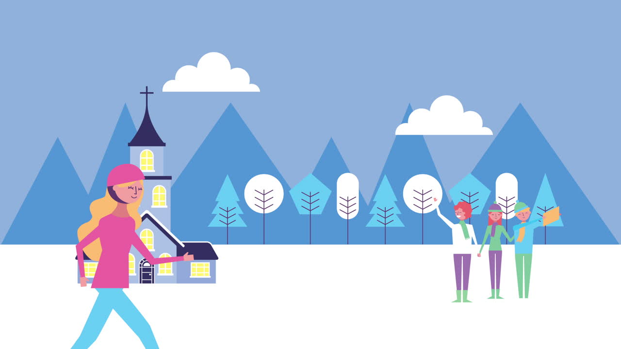 사람 들 과 교회 와 함께 겨울의 눈 풍경 장면