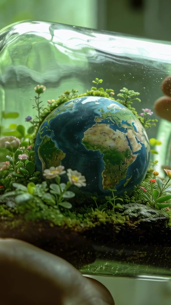 Video verticale: Mani adulte che inclinano un barattolo di vetro alla finestra, rivelando i continenti di un piccolo globo.